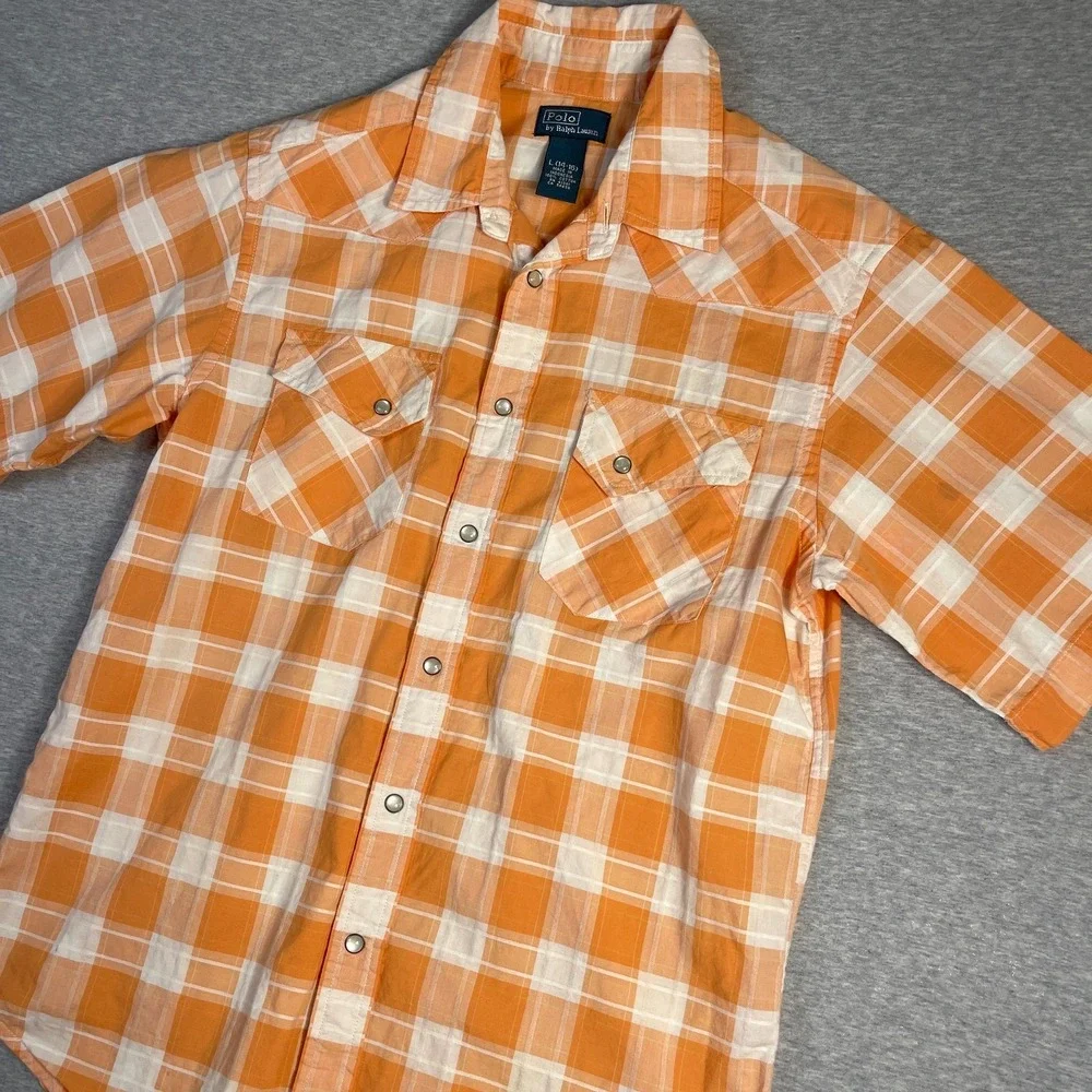 Polo Ralph Lauren Western Snap Shirt Boys Large 14-16 Orange White Plaid Cotton